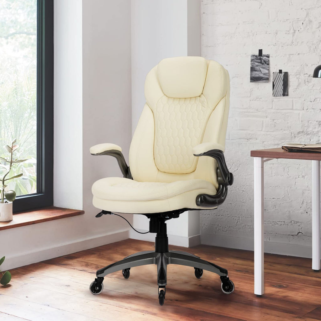 COLAMY High Back Executive Office Chairs, Ergonomic PU Leather Desk Chairs with Flip-Up Armrests, Adjustable Height, Lumbar Support, Comfortable Computer Chairs for Home Office, Set of 2