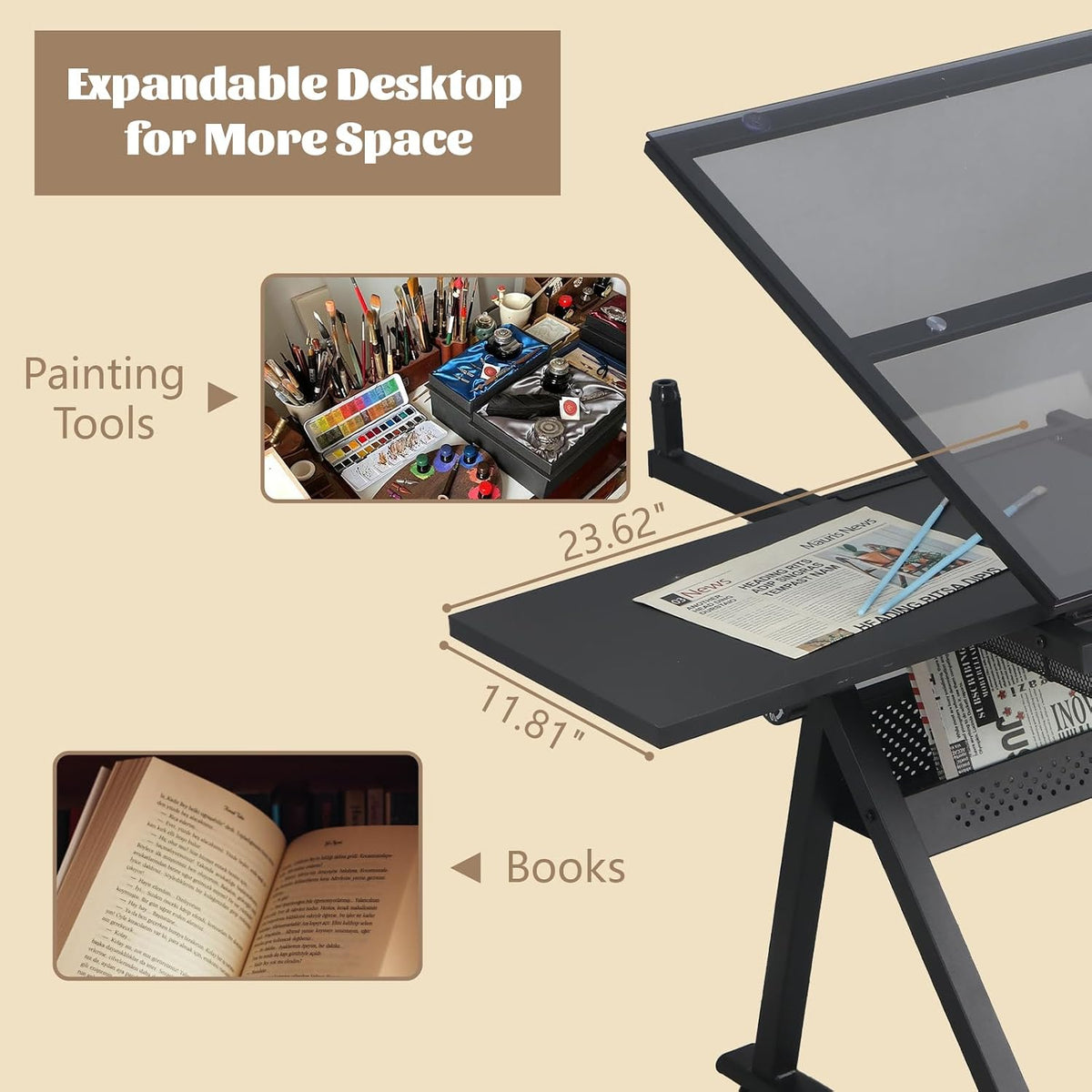 Black Drafting Table Desk w/Stool, Painting Table Art Craft Desk Crafting Table with Tilting Tempered Glass Top, 2 Storage Drawers, Height Adjustable