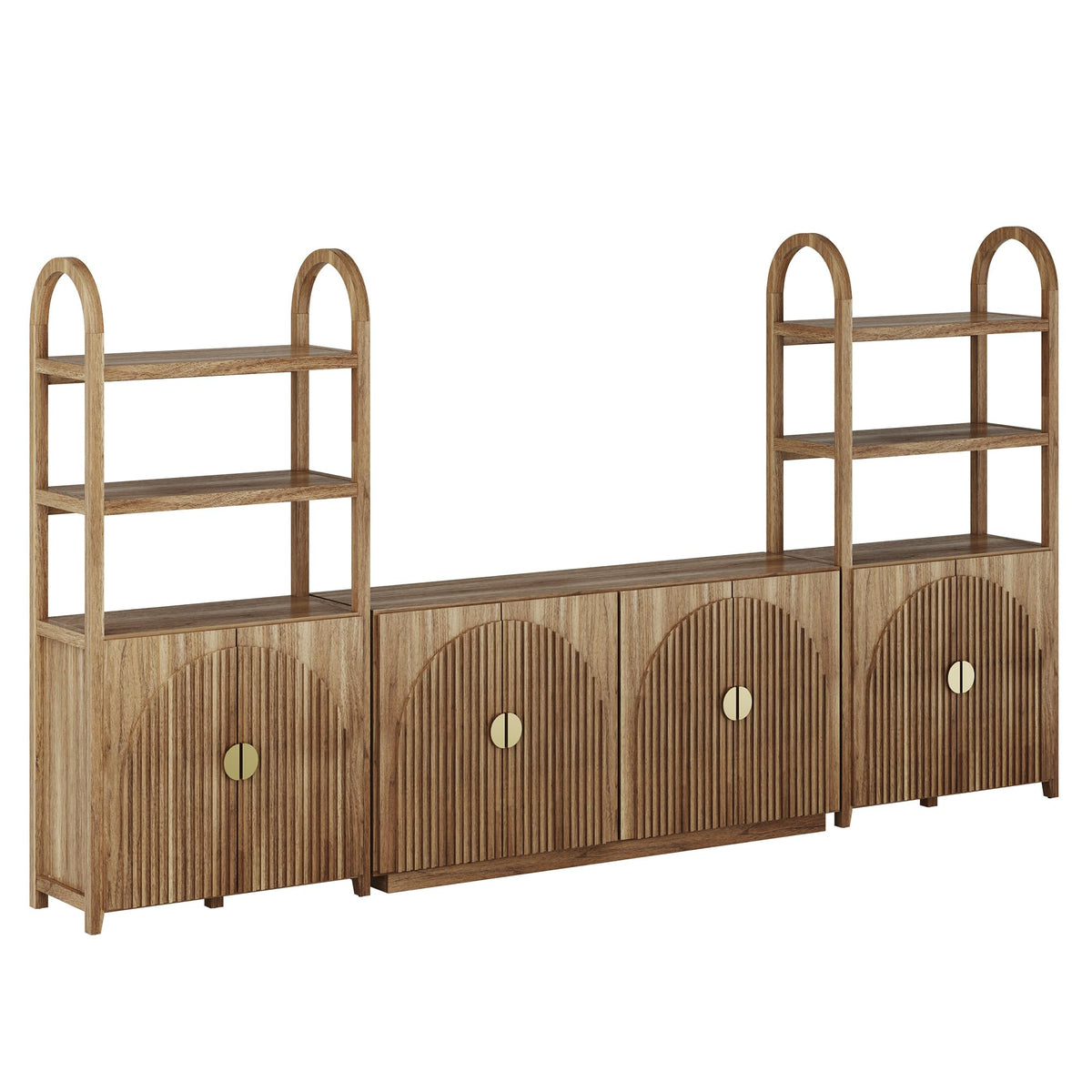 BELLEZE Book Shelf 72" Tall Arched Bookcase with Storage, 5 Tier Mid Century Modern Fluted Bookshelf with Doors, Modular Bookshelves for Living Room Office Library, Set of 2 (Caramel Brown)
