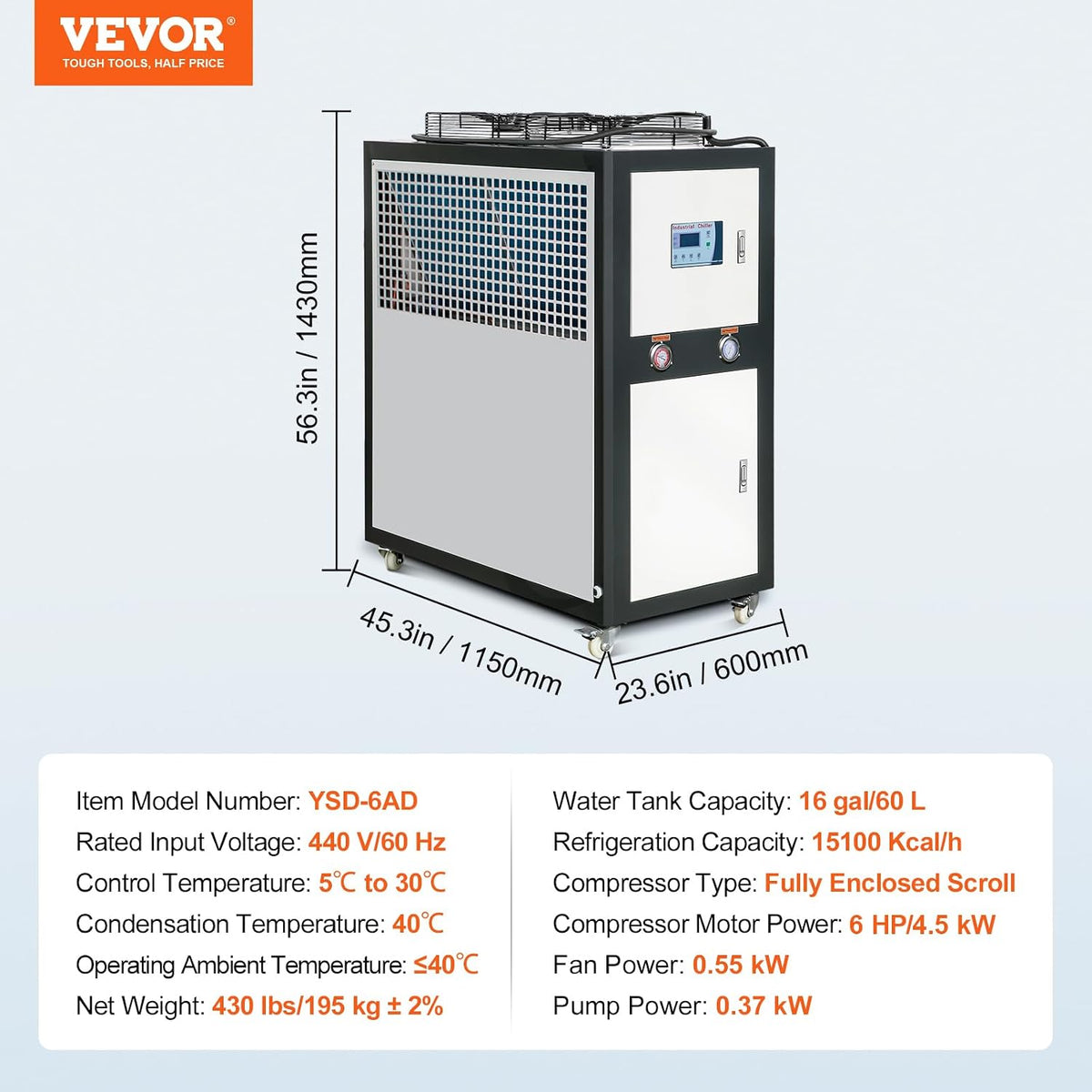 VEVOR Industrial Water Chiller - 60L Capacity, 9.4Hp Air-Cooled Chiller with Finned Condenser, Micro-Computer Control, Stainless Steel Tank