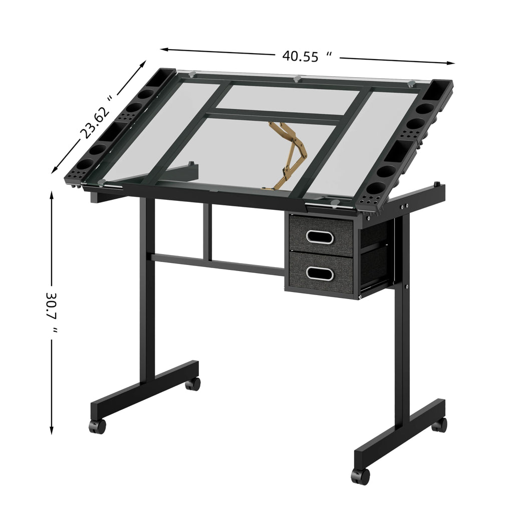 Height Adjustable Drafting Art Table for Adults, White Tempered Glass Drafting Drawing Printing Table Desk with Stool, 0-75Â° Tilting Tabletop Art Drawing Table for Drawing,Hand Crank