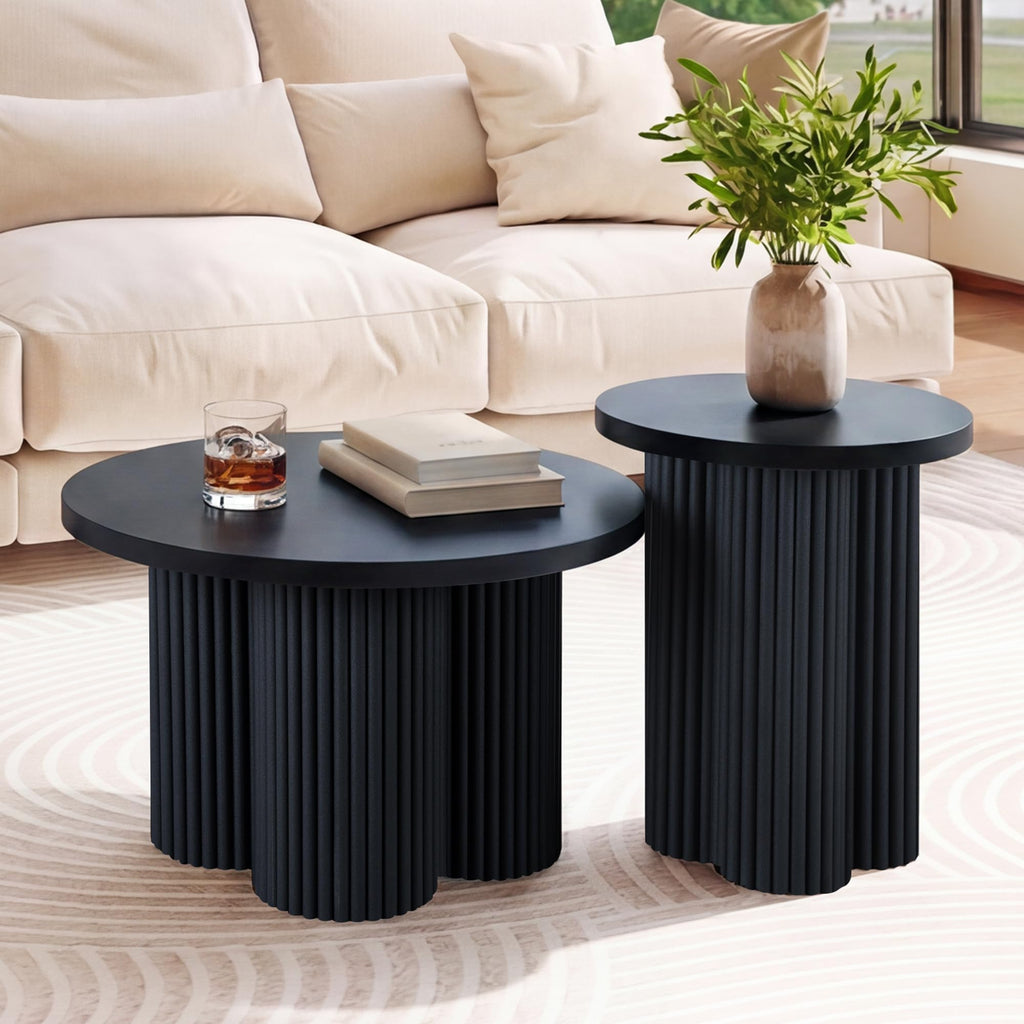Round Nesting Coffee Table Set of 3 Fluted Coffee Table (Natural)