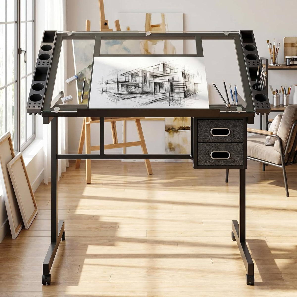 XEW Adjustable Drafting Table Desk Without Stool â Multi-Functional Art Desk for Adults, Drawing & Painting Table, Artist Desk & Drafting Table, Art Table, Tempered Glass Black C