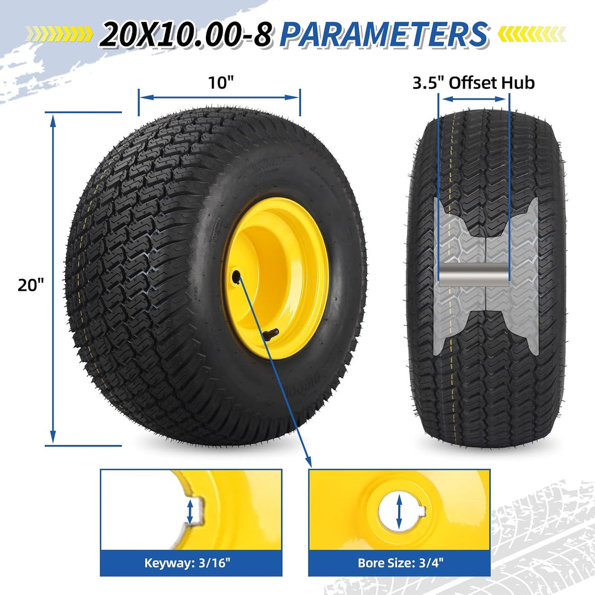 GICOOL 20x10.00-8 Lawn Mower Tire and Wheel, 3/4" Borehole, and 3/16" Keyway, 3.5" Offset Hub, 4 Ply Tubeless Tire, Replacement 20x10-8nhs Riding Lawn Mower and Tractor Rear Tire and Wheel Assemblies