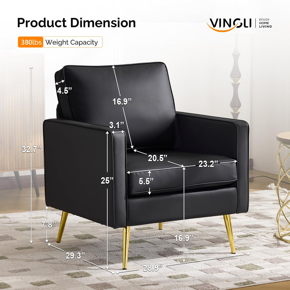 VINGLI Faux Leather Accent Chairs Set of 2 with Gold Legs for Living Room