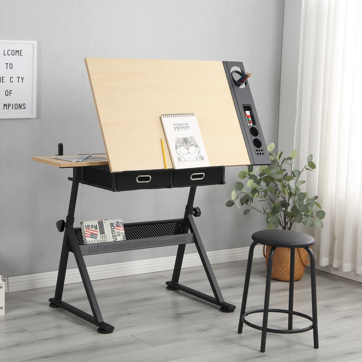 Drafting Table, Drawing Desk for Artists Adults Architect, Art Desk with Stool and 3 Non-Woven Storage Drawers, Height Adjustable Tilted Tabletop, Painting Studio Design Work Station, Rustic Brown