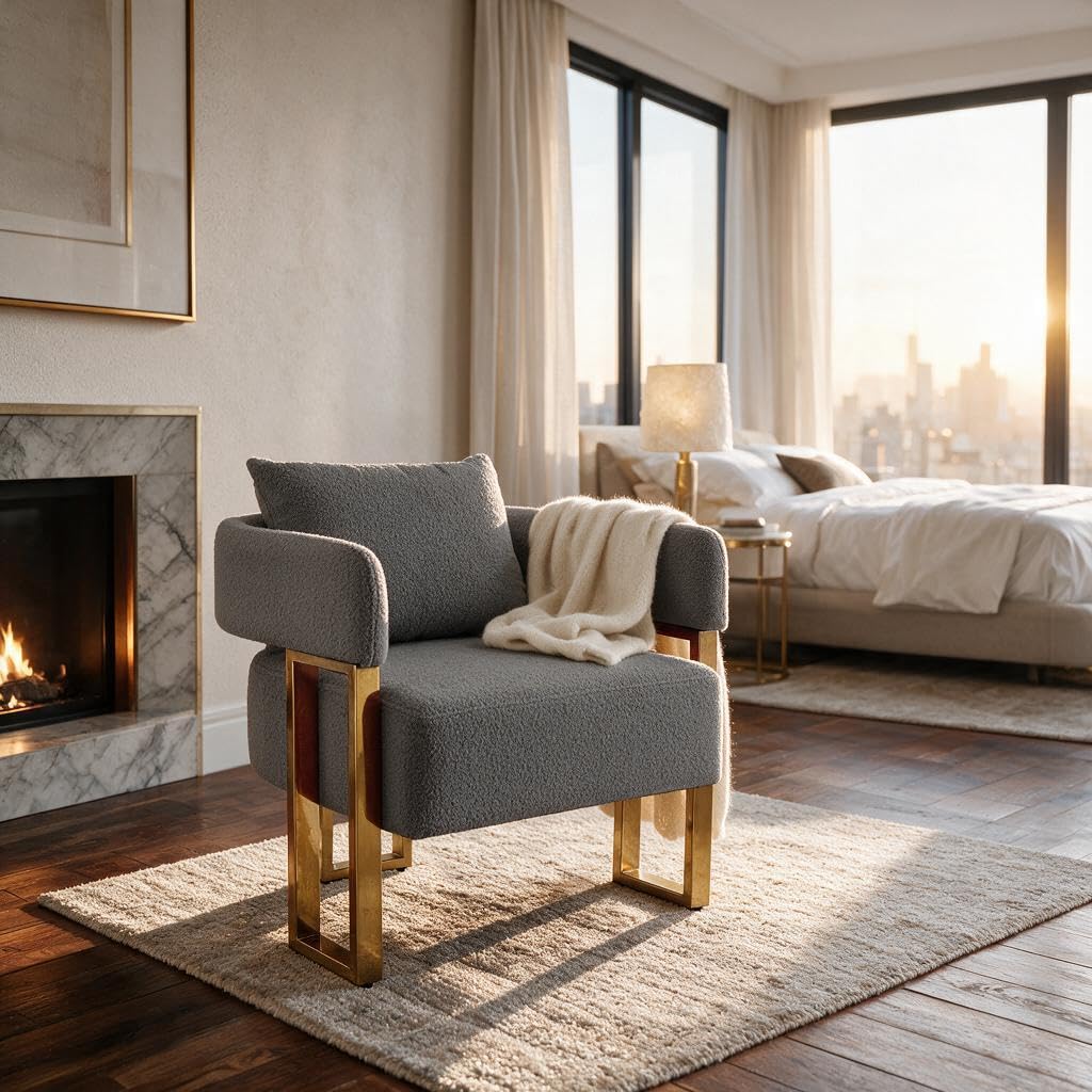 YISHENG Modern Barrel Accent Chairs Set of 2, Living Room Side Chairs with Golden Metal Legs Soft Upholstered Reading Armchairs no Wheels for Vanity/Reception Room//Bedroom/Lounge/Office,Black Teddy