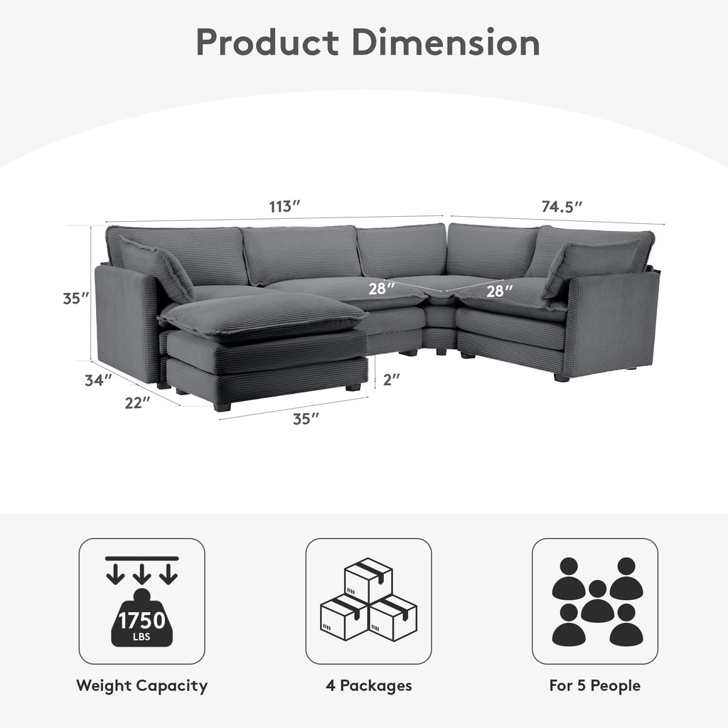 ROWHY 41'' Single Armchair with Ottoman, Modern Corduroy Cloud Couch with Convertible Chaise, Upholstered Sofa Set for Living Room, Green