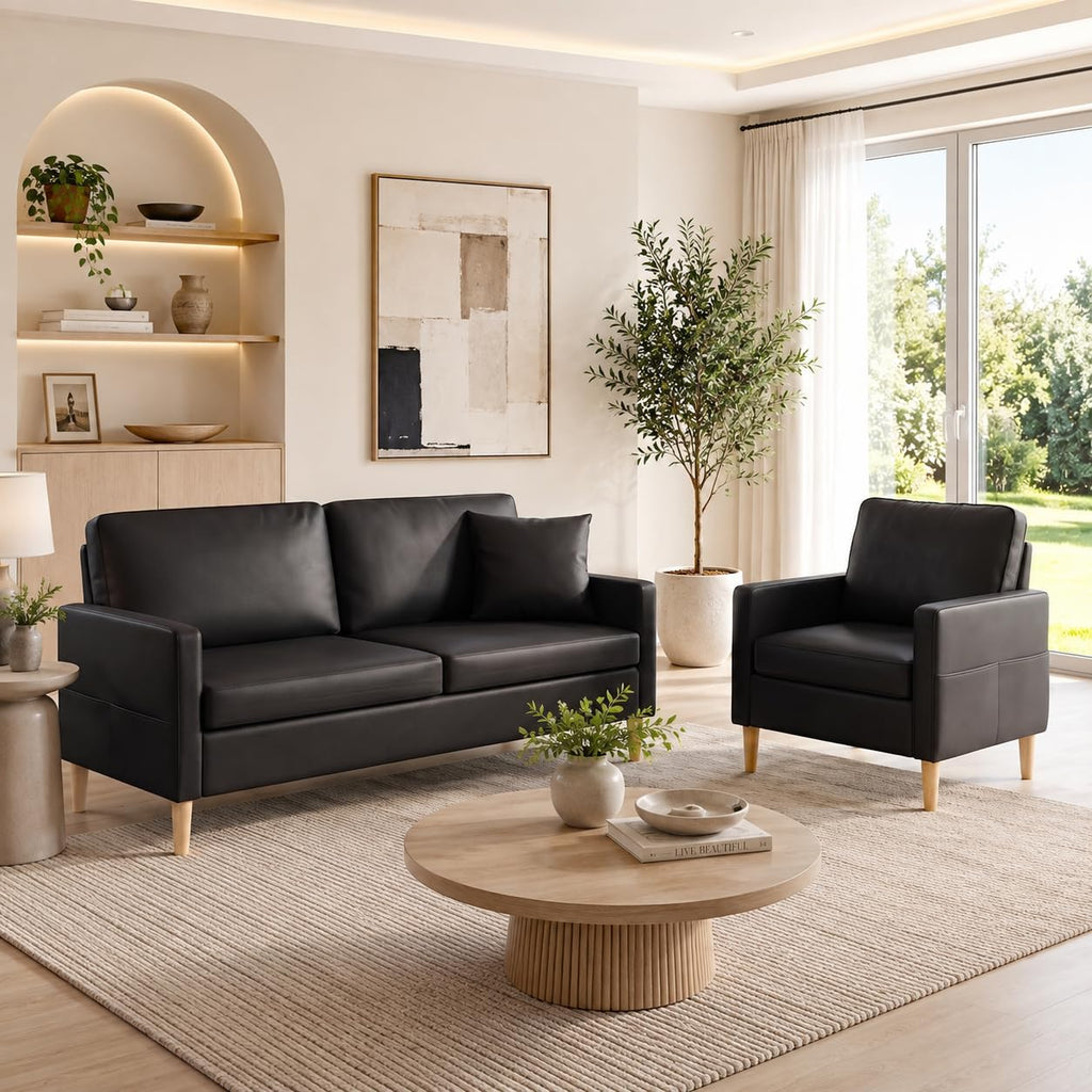 3 Piece Black Faux Leather Modern Small Couch and Chair Set for Office