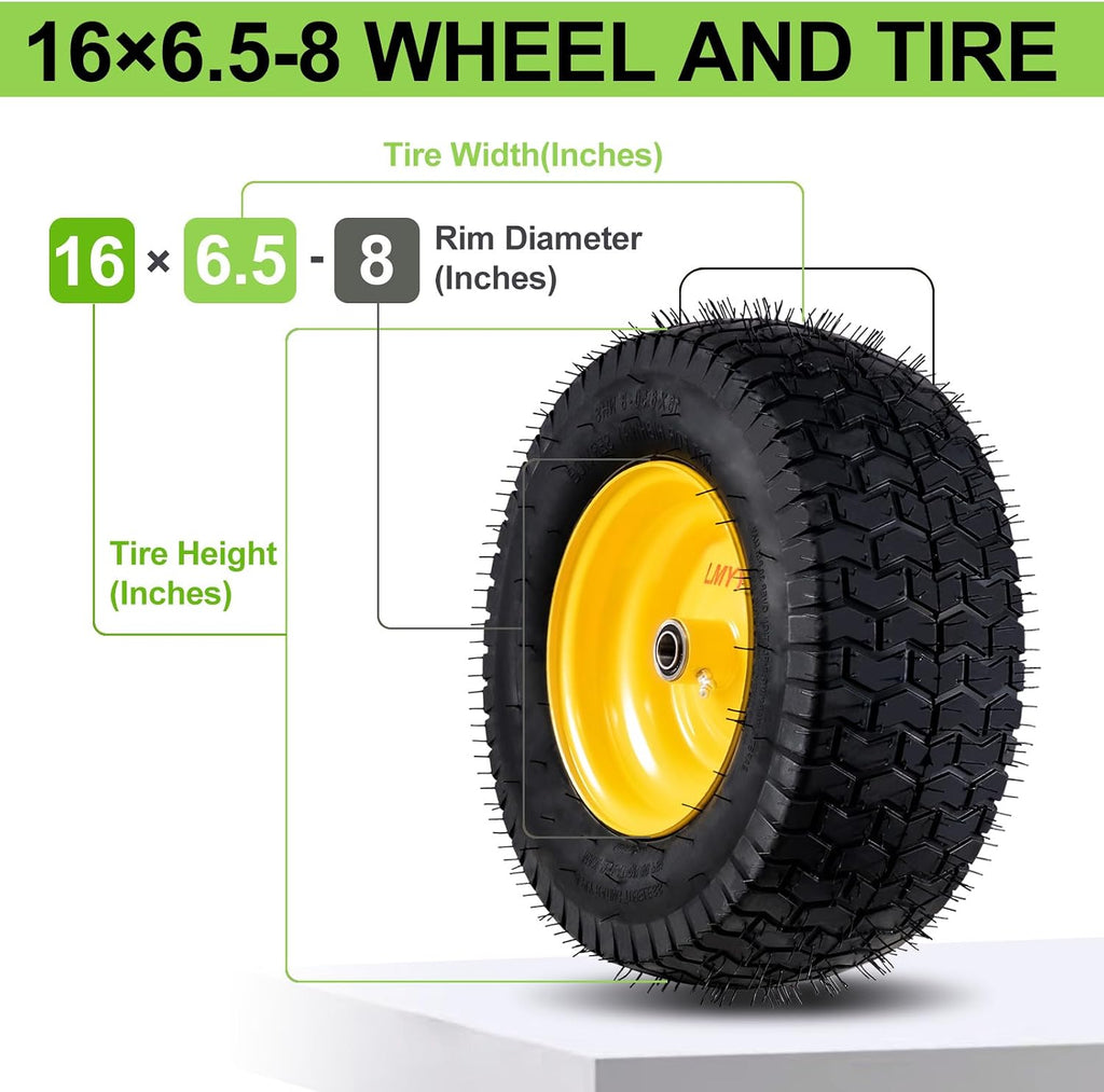 16x6.5-8 Tubeless Tire and Wheel, 2 Pcs Replacement Riding Lawn Mower Garden Tractor Front Wheel Tire with 3" Offset Hub, 3/4" Bearing & 5/8âBearing