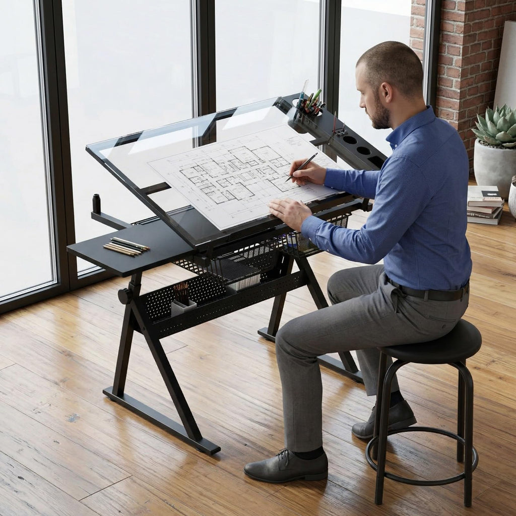 Drafting Table and Stool Set for Adults/Artists, Drawing Table with Adjustable Tabletop and Height, Art Workstation for Painters Crafting Reading Writing Home Office, All White