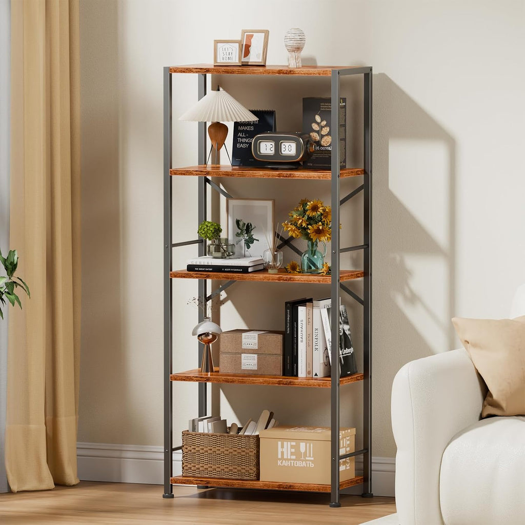 Furologee 5 Tier Book Shelf Set of 2, Tall Wide Bookshelf, Rustic Brown