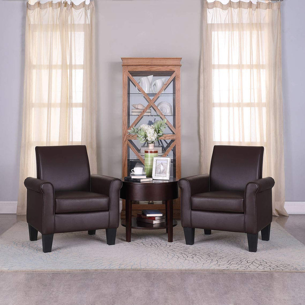 Faux Leather Accent Chair Set of 2, Mid Century Modern Living Room Chair, Upholstered Comfortable PU Leather Armchair for Bedroom, Office or Waiting Areas-Black