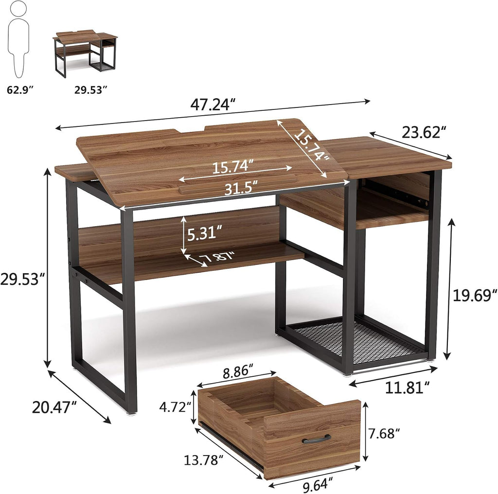 Tribesigns Drafting Table with Storage Drawers, Drawing Computer Desk Artist Craft Table Painting Desk Workstation with Shelves and Tiltable Tabletop for Students, Home Office