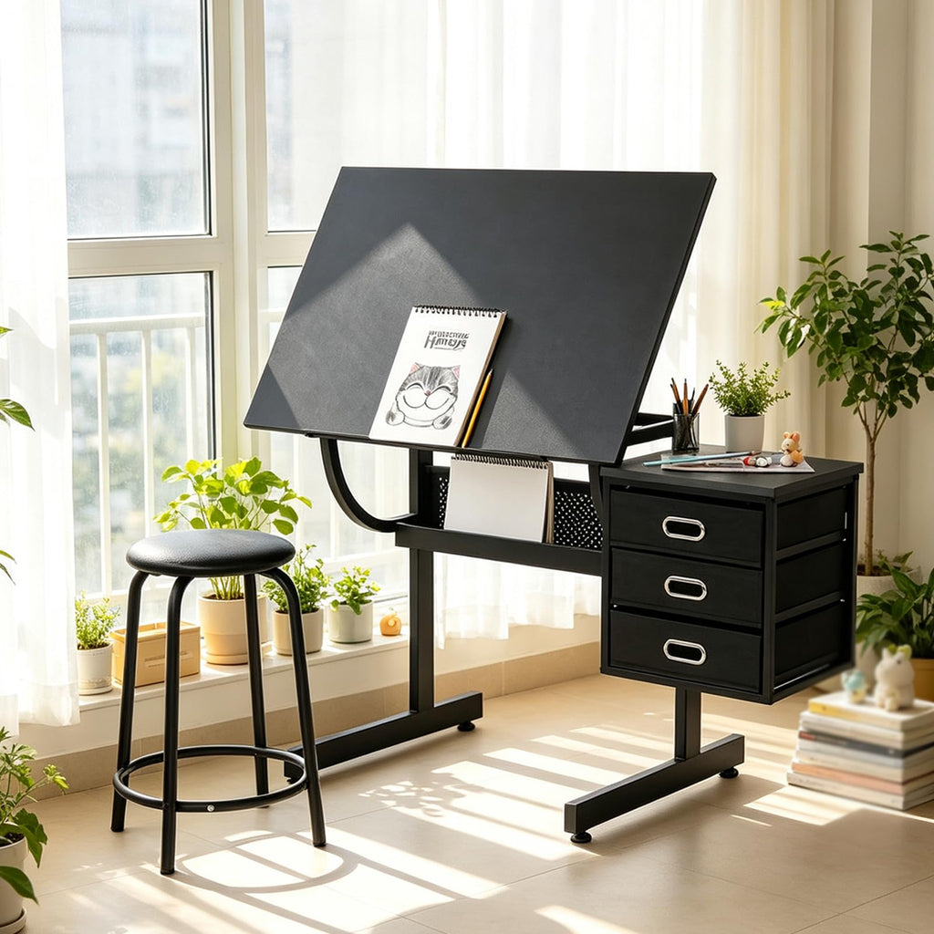 Artist Desks, Drafting Table with Stool & 3 Storage Drawersï¼Black