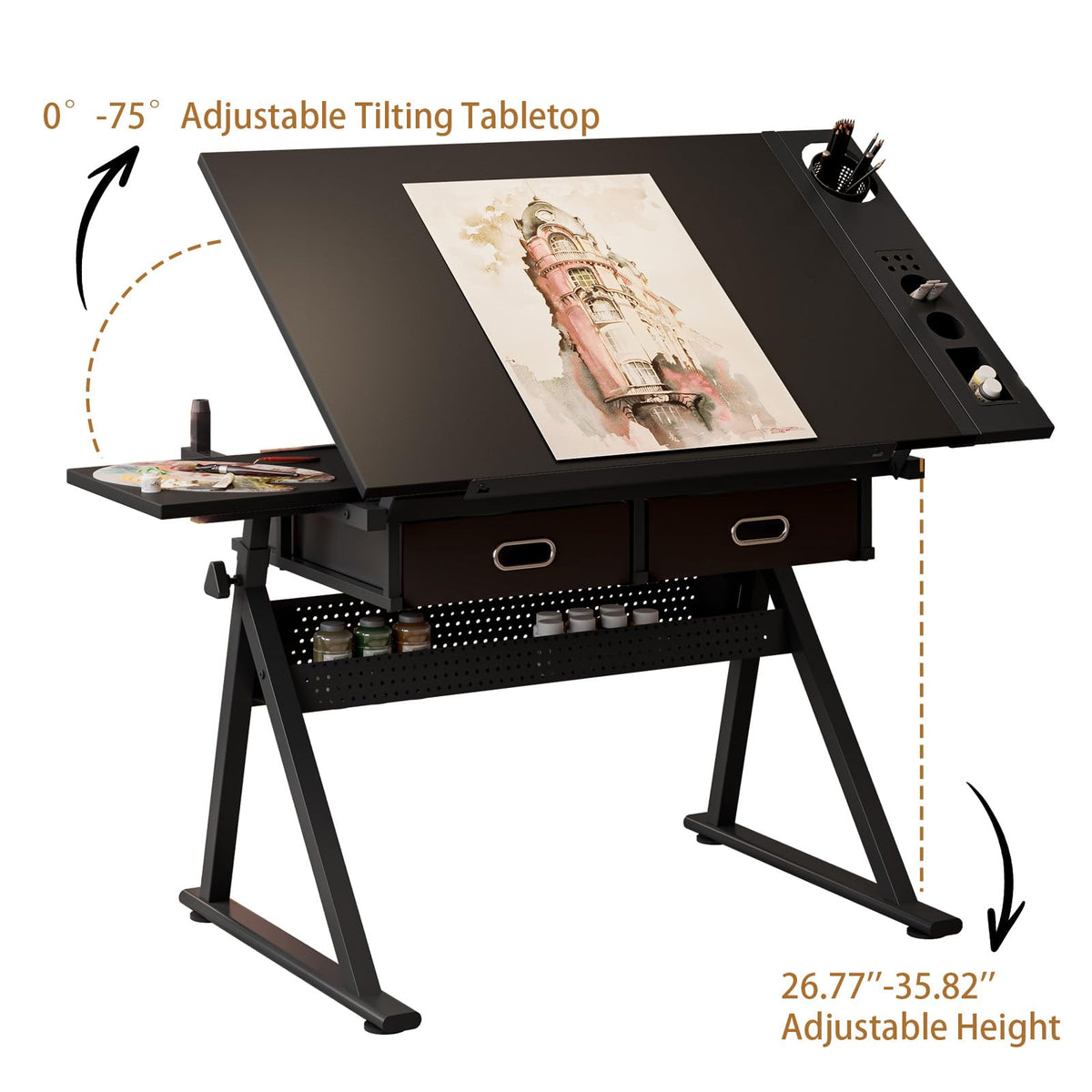Drafting Table and Stool Set for Adults/Artists, Drawing Table with Adjustable Tabletop and Height, Art Workstation for Painters Crafting Reading Writing Home Office, All White