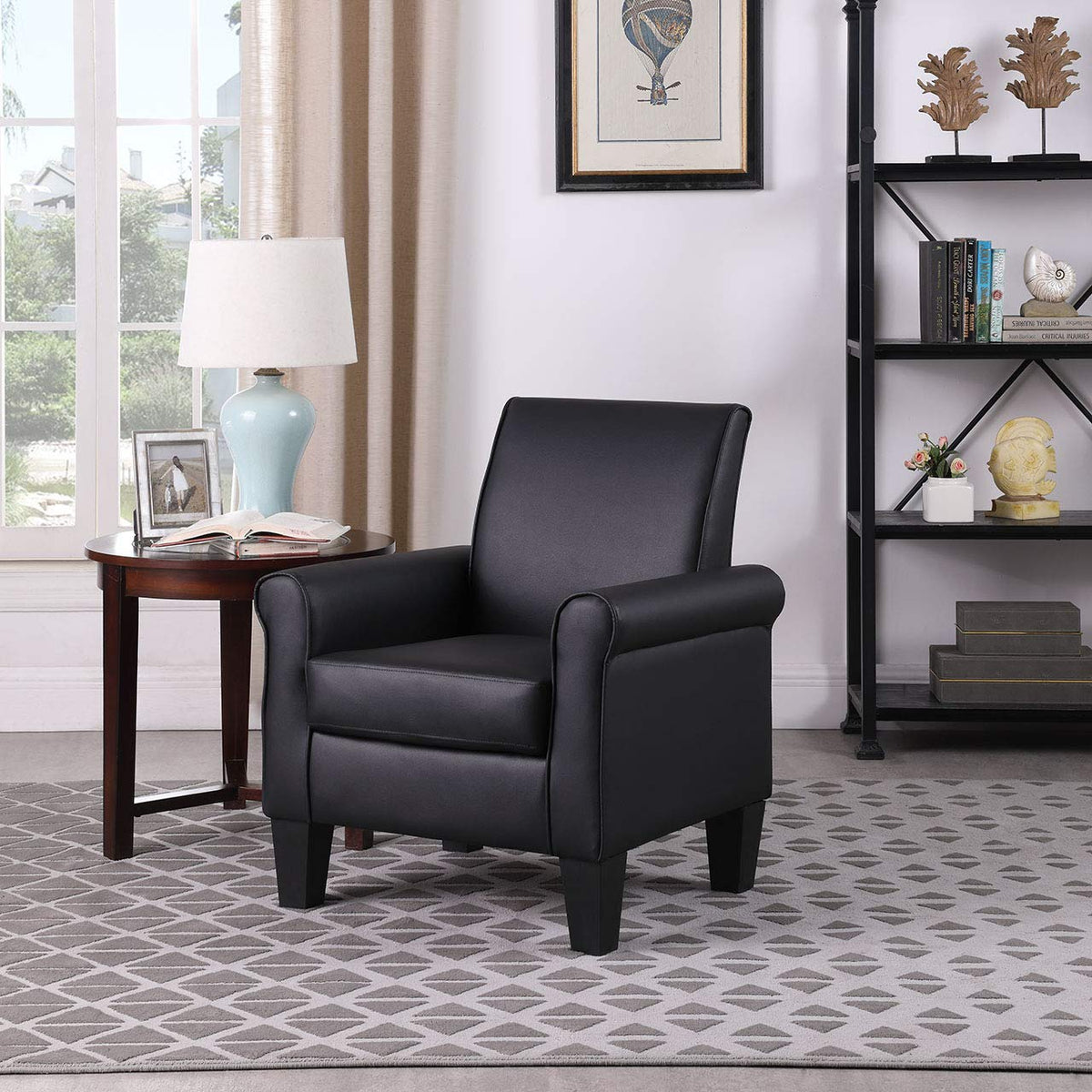 Faux Leather Accent Chair Set of 2, Mid Century Modern Living Room Chair, Upholstered Comfortable PU Leather Armchair for Bedroom, Office or Waiting Areas-Black