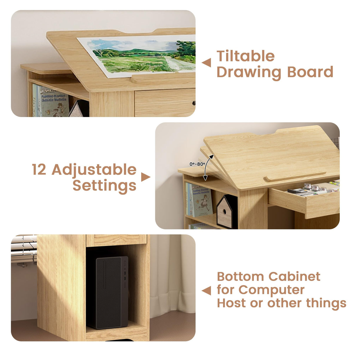 Drafting Table with Storage Cabinet & Drawers, Adjustable Drawing Desk with Open Shelves, Craft Table Painting Desk for Artists, Painters, Drawing, Crafting, Reading, Writing, Working