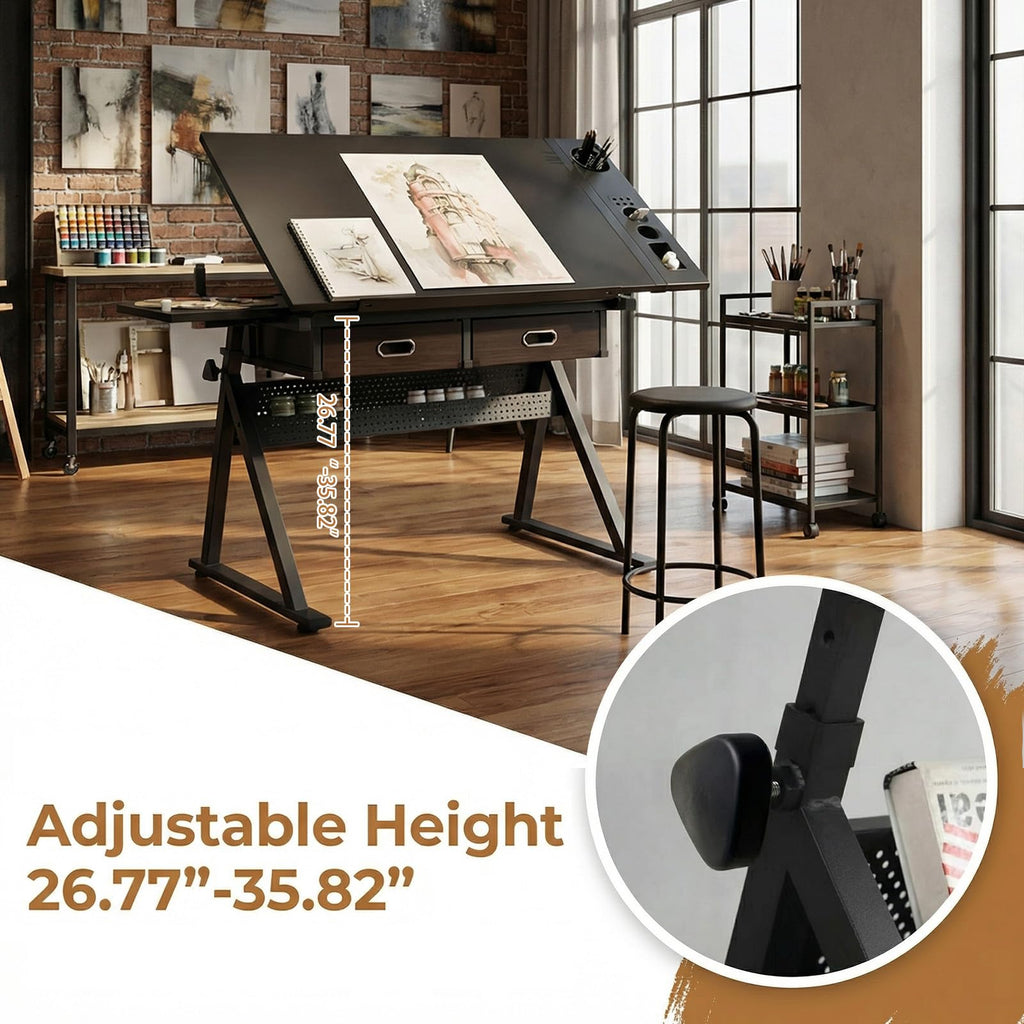 Drafting Table with Stool Height Adjustable Art Craft Desk with Storage, Tilting MDF Tabletop, Expansion Board, Drawing Table for Home Office, Artists, Painters (Rustic Brown)