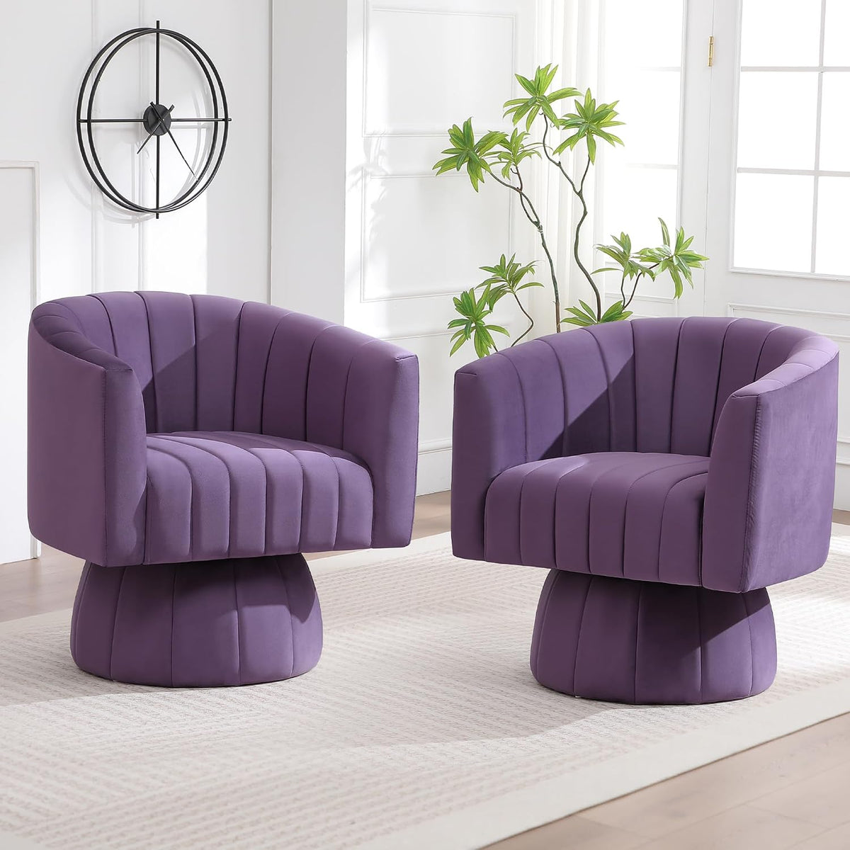 Swivel Accent Barrel Chair Set of 2, Cute Comfy Small Round 360Â° Arm Chair, Velvet Sofa Club Reading Chair for Living Room Bedroom Office Purple