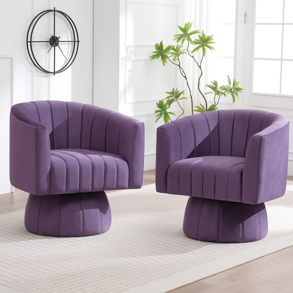 Swivel Accent Barrel Chair Set of 2, Cute Comfy Small Round 360Â° Arm Chair, Velvet Sofa Club Reading Chair for Living Room Bedroom Office Purple