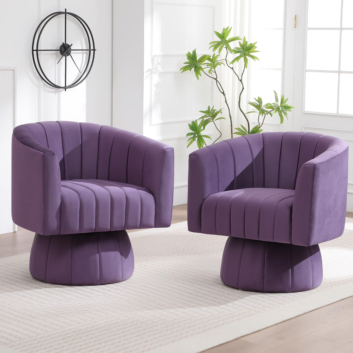 Swivel Accent Barrel Chair Set of 2, Cute Comfy Small Round 360Â° Arm Chair, Velvet Sofa Club Reading Chair for Living Room Bedroom Office Purple
