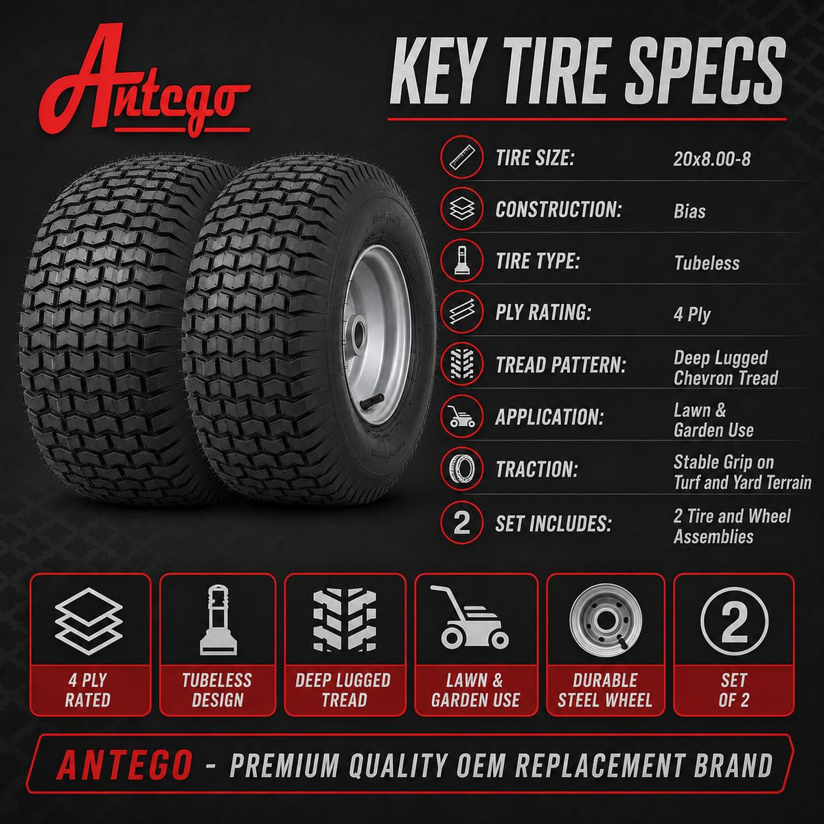 (Set of 2) 20x8.00-8 Lawn & Garden Mower Turf Tires - 4 Ply with Keyed Hub Wheel | Compatible with Husqvarna & Some Craftsman Models