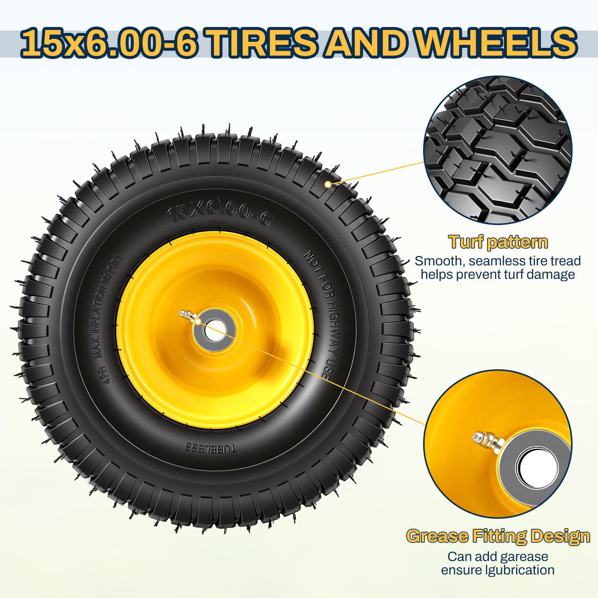 15x6.00-6 Flat Free Lawn Mower Tire and Wheel, 15x6-6 Front Tire Assembly