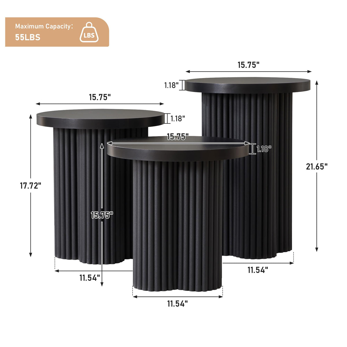Round Nesting Coffee Table Set of 3 Fluted Coffee Table (Natural)