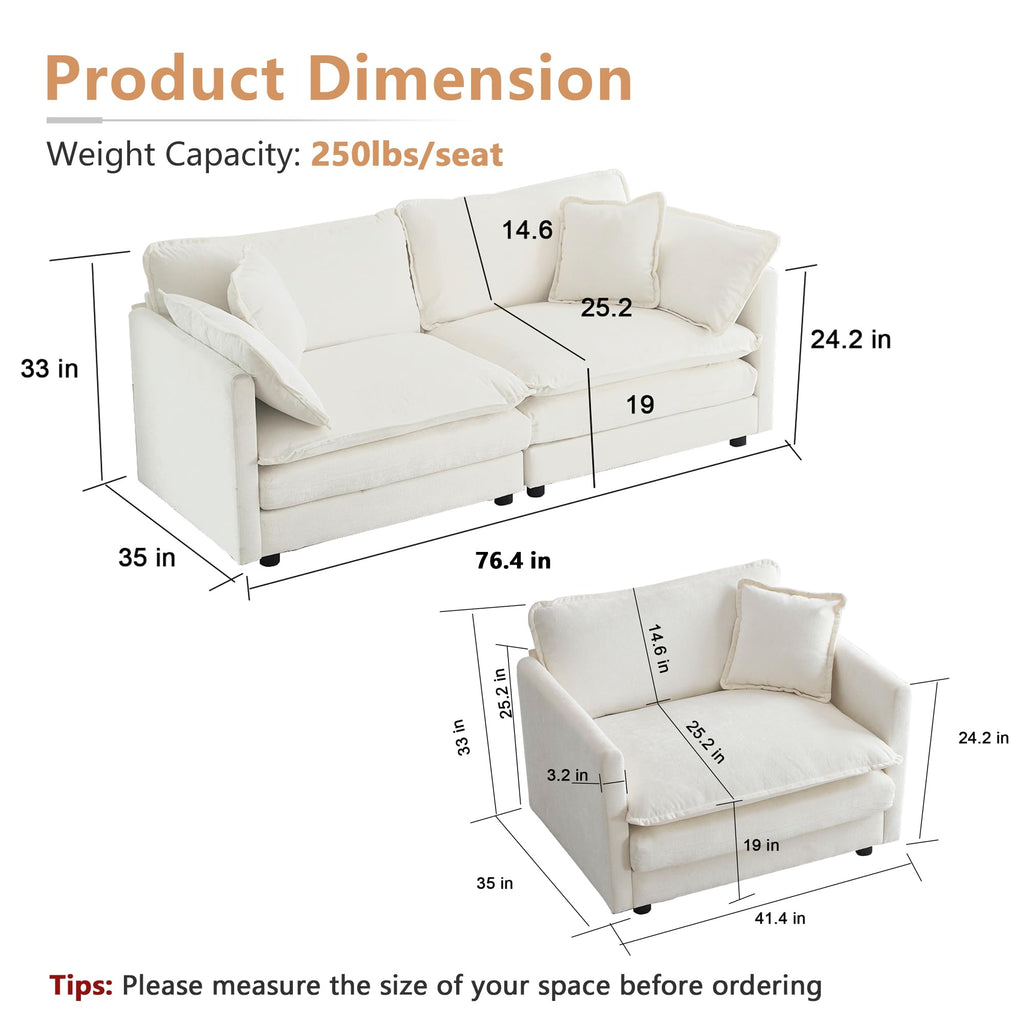 mikibama Luxury 2 Piece Loveseat Couch & Sofa Armchair Set, Modern Upholstered Chenille Cloud Couches Set Furniture with 5 Pillow for Living Room Bedroom Office Apartment, Evergreen