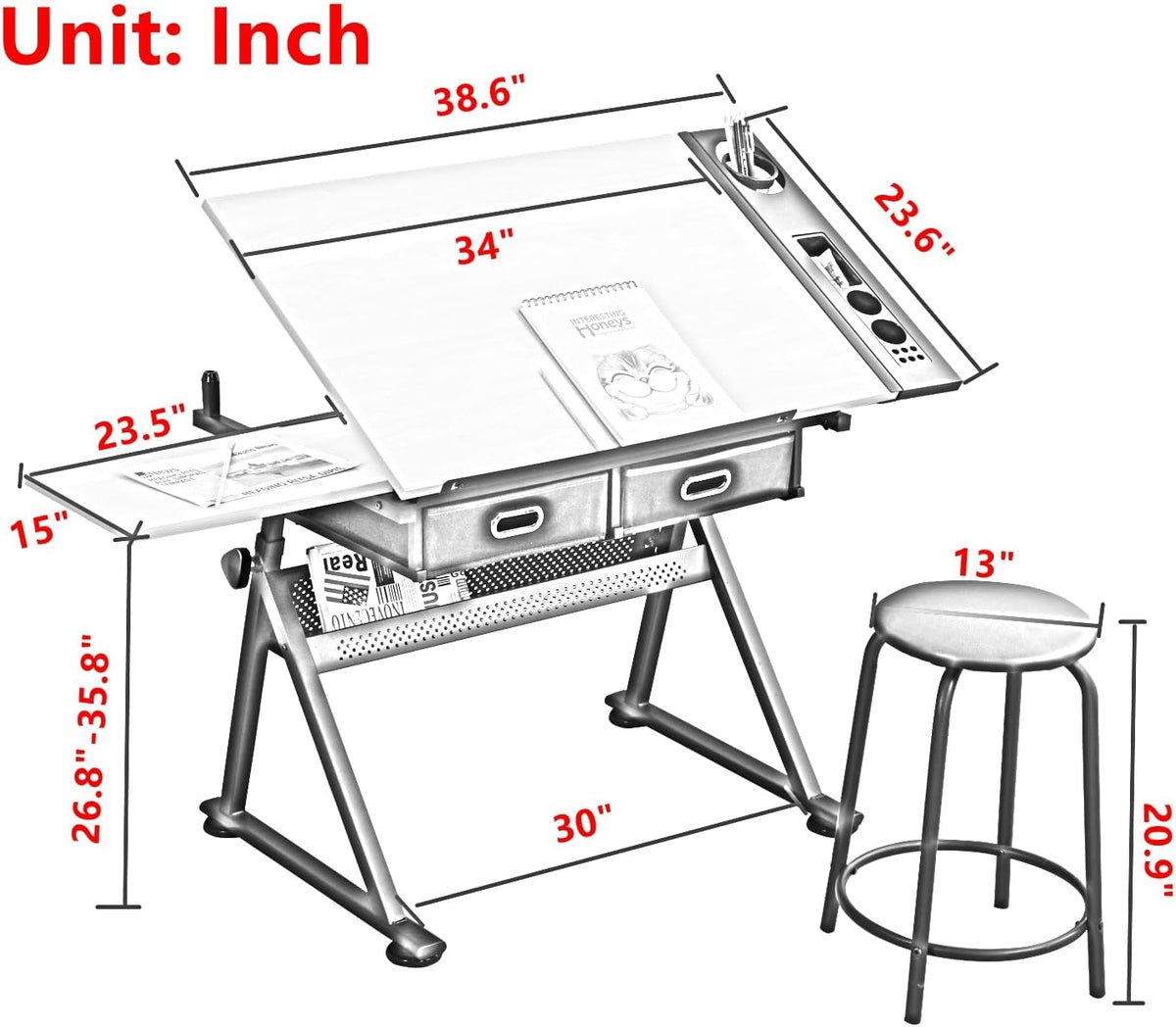 Height Adjustable Art Table Drafting Table with Stool, Rustic