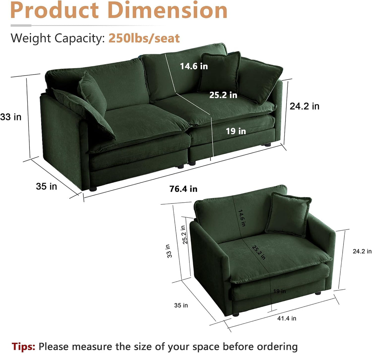 mikibama Luxury 2 Piece Loveseat Couch & Sofa Armchair Set, Modern Upholstered Chenille Cloud Couches Set Furniture with 5 Pillow for Living Room Bedroom Office Apartment, Evergreen
