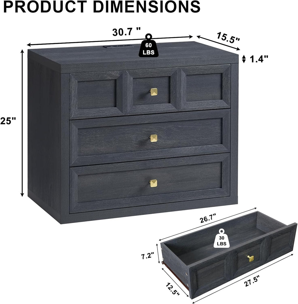 3 Drawers Nightstand Set of 2 W/Charging Station, 30.7" W King Size Bedside Table with 3 Drawers, Accent End Table W/Large Storage, Modern Wood Side Table for Bedroom,Office (2 Pieces, Gray Black)