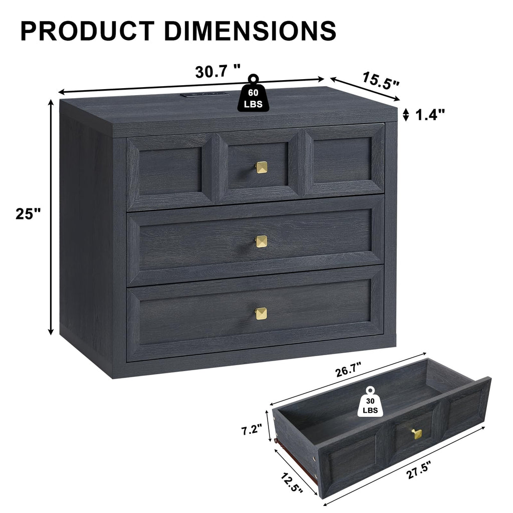 3 Drawers Nightstand Set of 2 W/Charging Station, 30.7" W King Size Bedside Table with 3 Drawers, Accent End Table W/Large Storage, Modern Wood Side Table for Bedroom,Office (2 Pieces, Gray Black)
