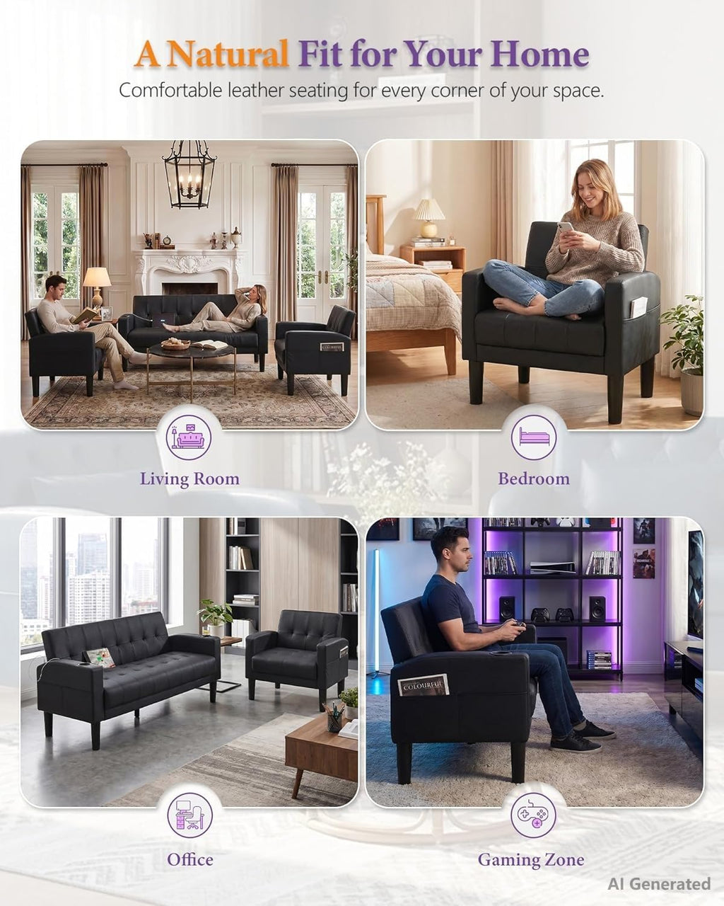 TYBOATLE Living Room Set, PU Leather Couch and Chairs w/USB & Type-C Ports