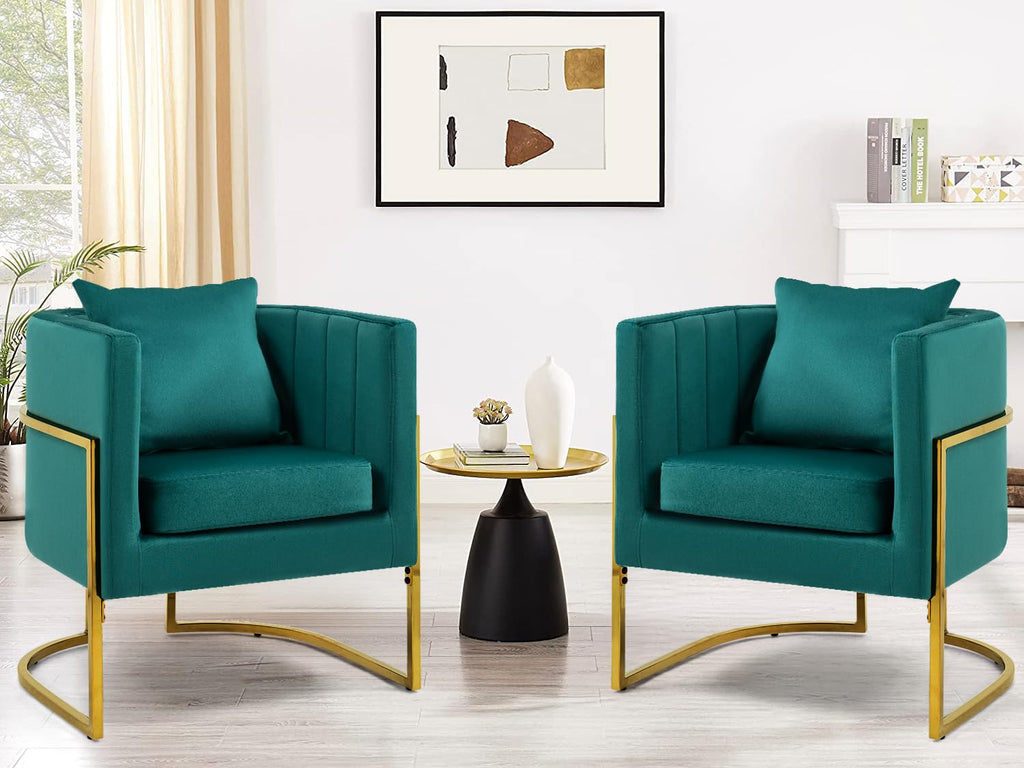 Velvet Accent Barrel Chairs Set of 2, Modern Arm Club Chair Set with Pillow for Living Room/Bedroom/Guest Reception, Channel Tufted, Gold Finish Base, Orange