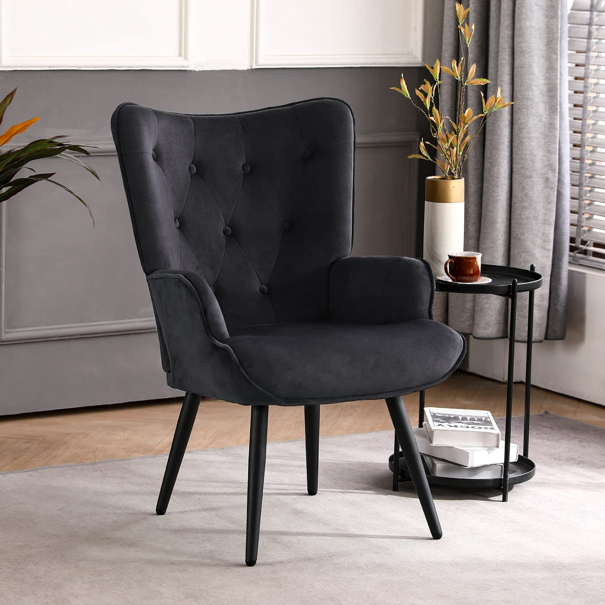 Furniliving PU Leather Accent Chair for Living Room, Upholstered Reading Chair with High Backrest, Tufted-Button Wingback Armchair for Bedroom, Dressing Room, Home Office, Brown, Set of 2