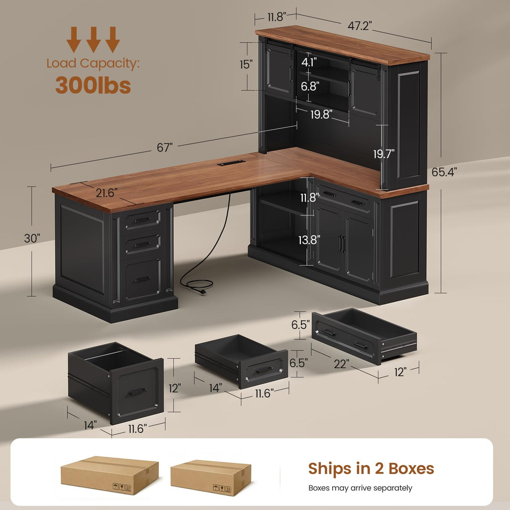 SEDETA Farmhouse 70.9" Executive Desk, Home Office Desk with File Drawers and Storage Cabinet, Computer Desk with Power Outlet for Home Office, Work Study Writing, Black+Brown
