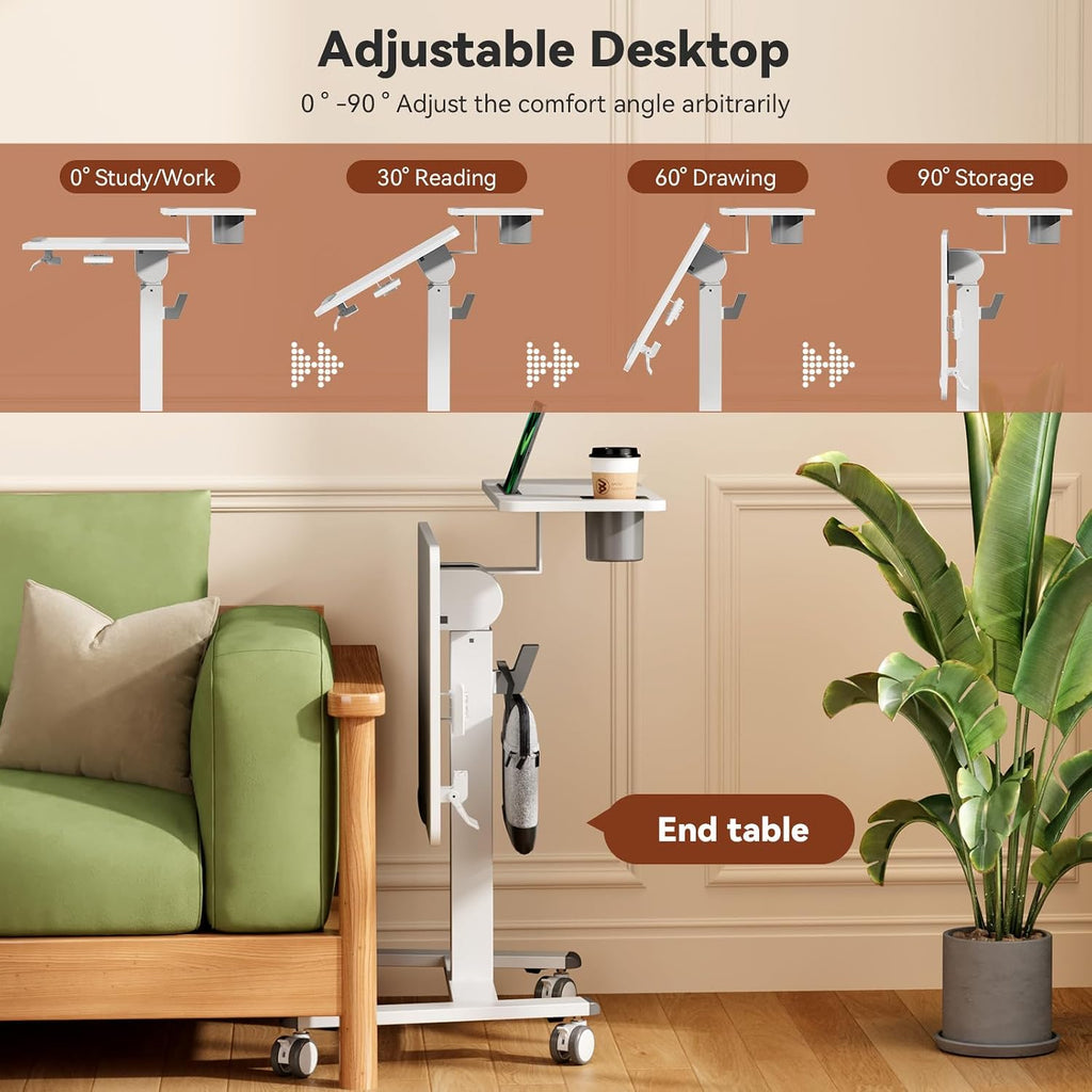 28" Mobile Standing Desk, Tiltable Top with 2-Tier Shelves, White