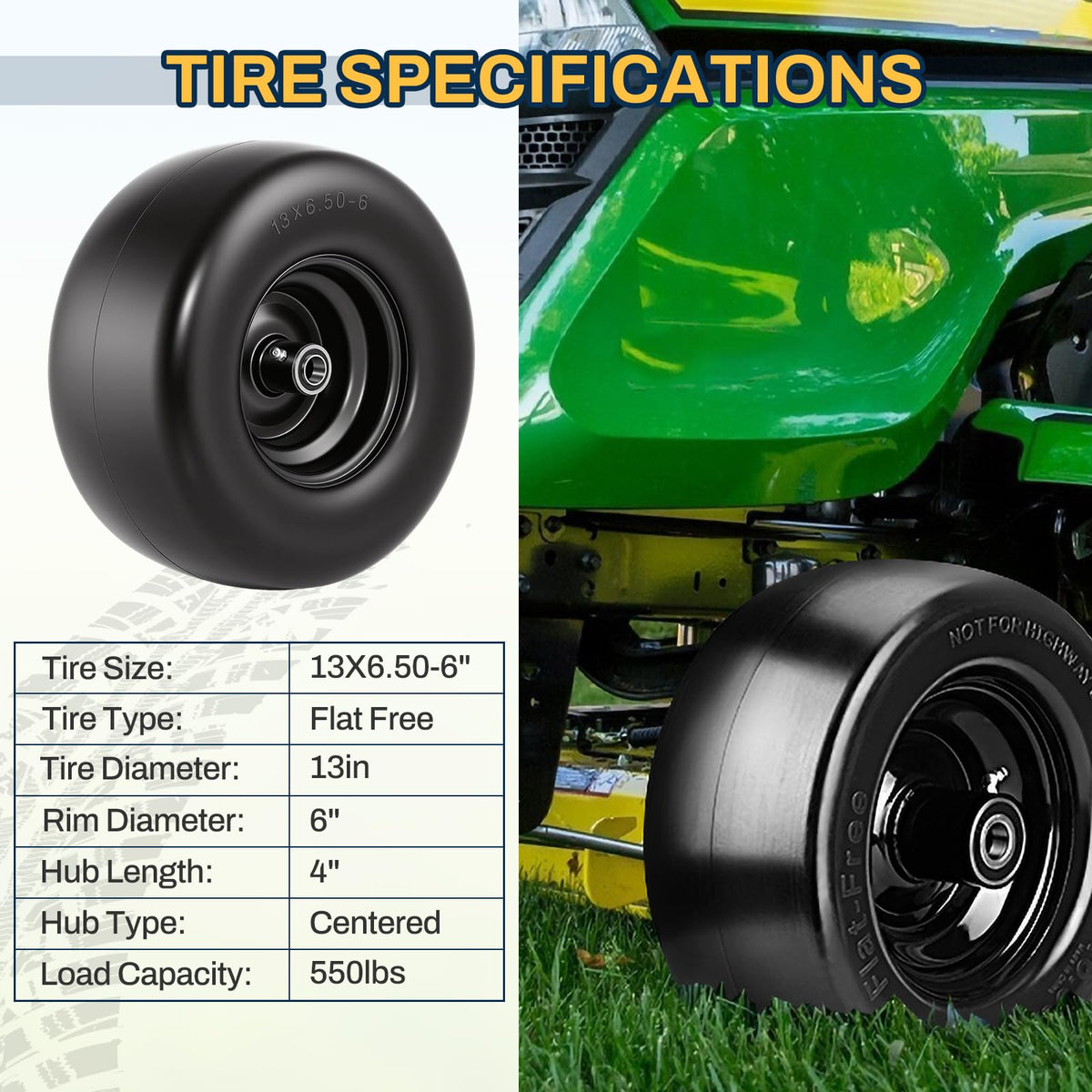 15x6.00-6 Flat Free Lawn Mower Tire and Wheel, 15x6-6 Front Tire Assembly