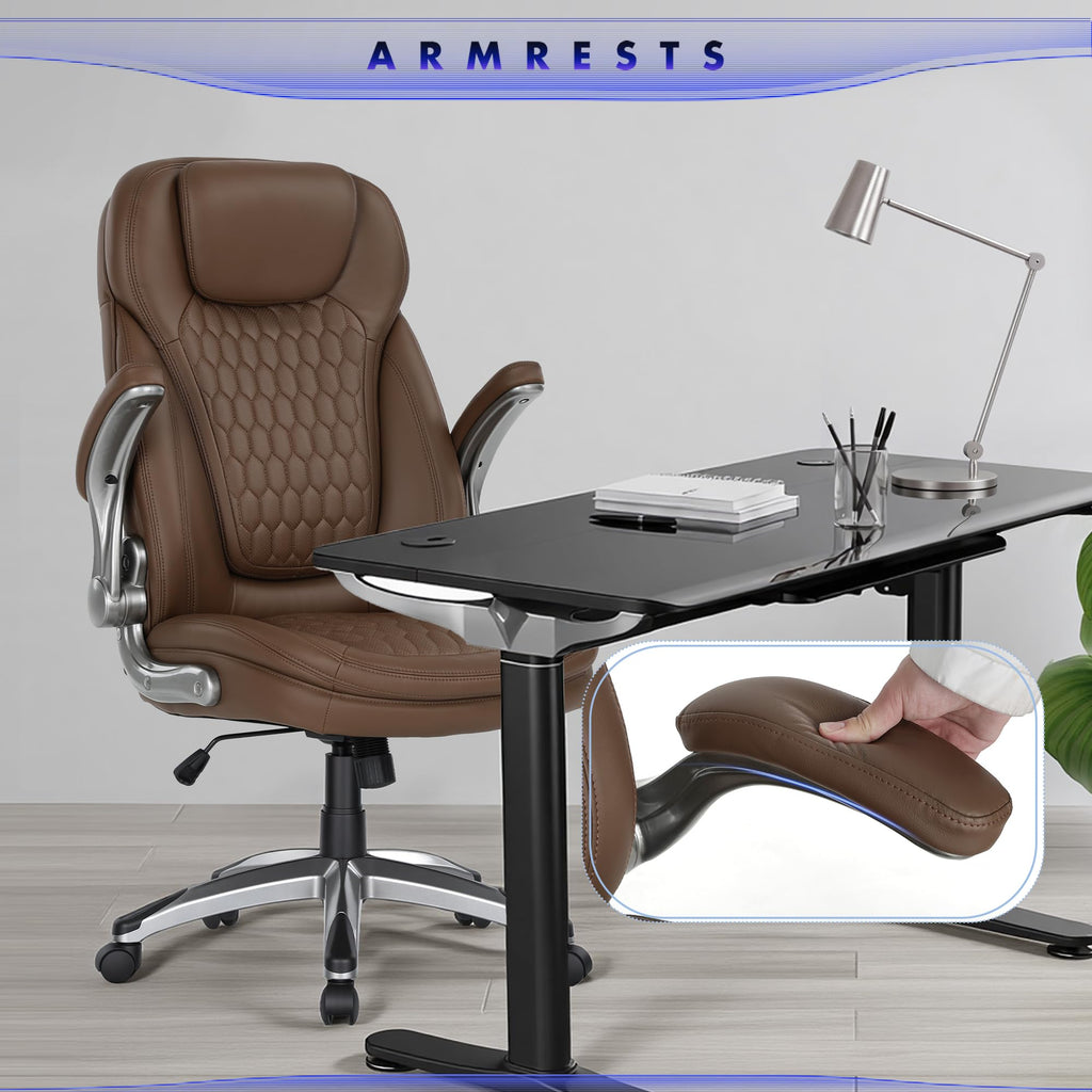 COLAMY High Back Executive Office Chairs, Ergonomic PU Leather Desk Chairs with Flip-Up Armrests, Adjustable Height, Lumbar Support, Comfortable Computer Chairs for Home Office, Set of 2