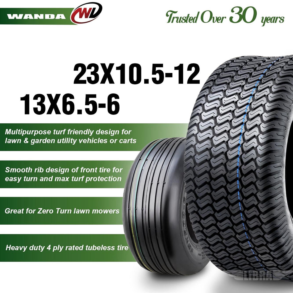 WANDA 4PC Lawn Mower Turf Tires 15x6-6 Front & 20x10-8 Rear 4PR-13016/13040