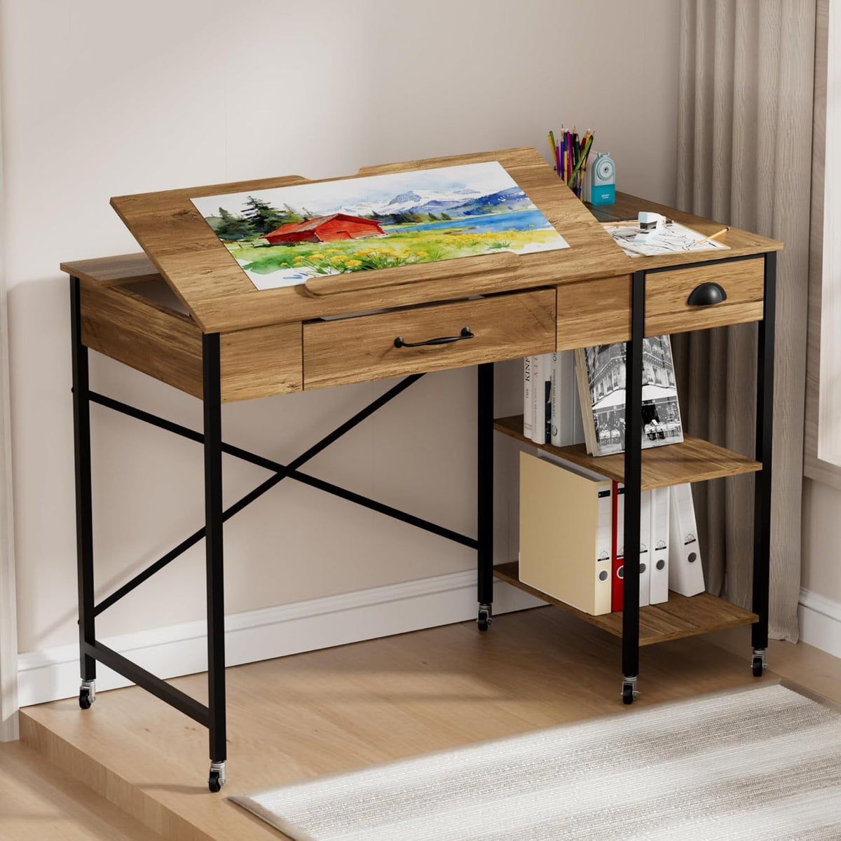 Rolling Drafting Table, Crafting Table with Storage, Computer Desk ï»¿