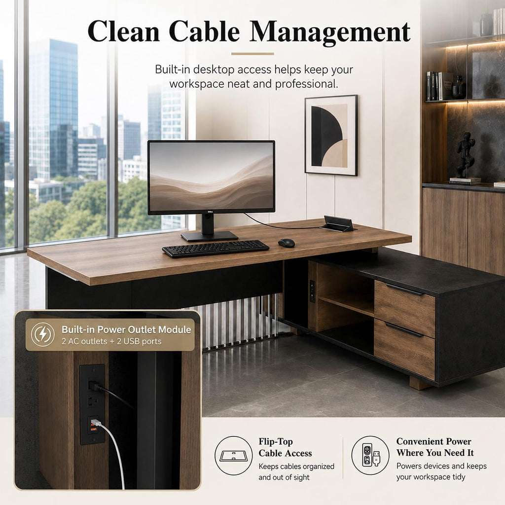 78.7 Inch Large Executive Desk with Drawers Cabinet, L Shaped Office Desk, Computer Desk with Universal Charging Ports and Cable Management for Business Furniture Set Workstation for Home Office