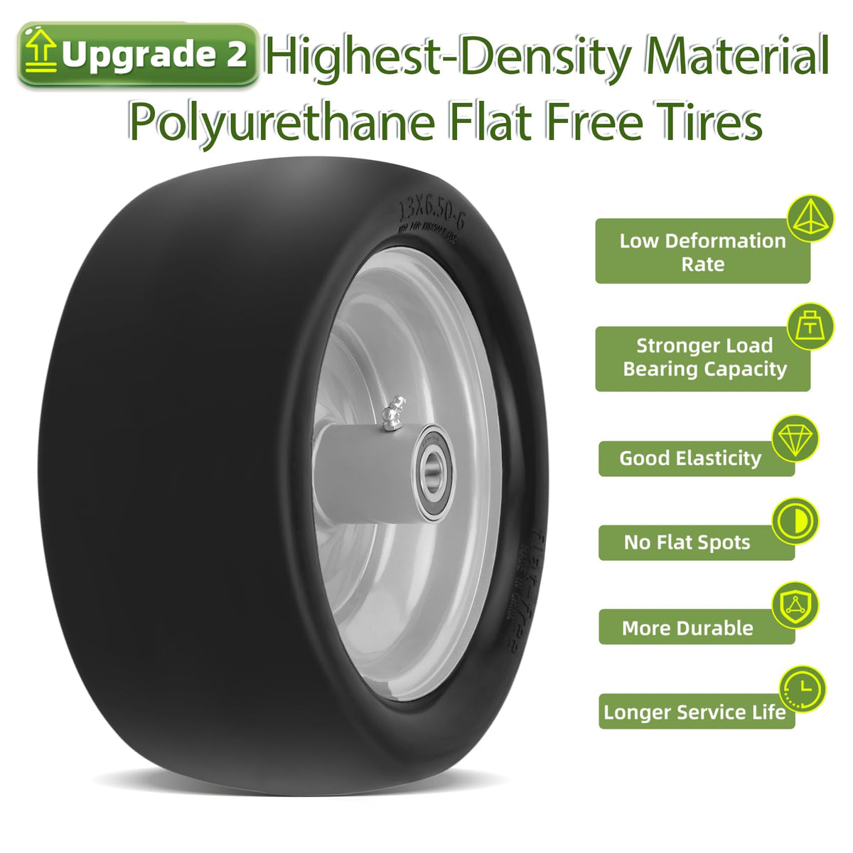 2 Pcs 13x6.50-6 Lawn Mower Tires Flat Free with 3/4" 1/2" 5/8" Bearings