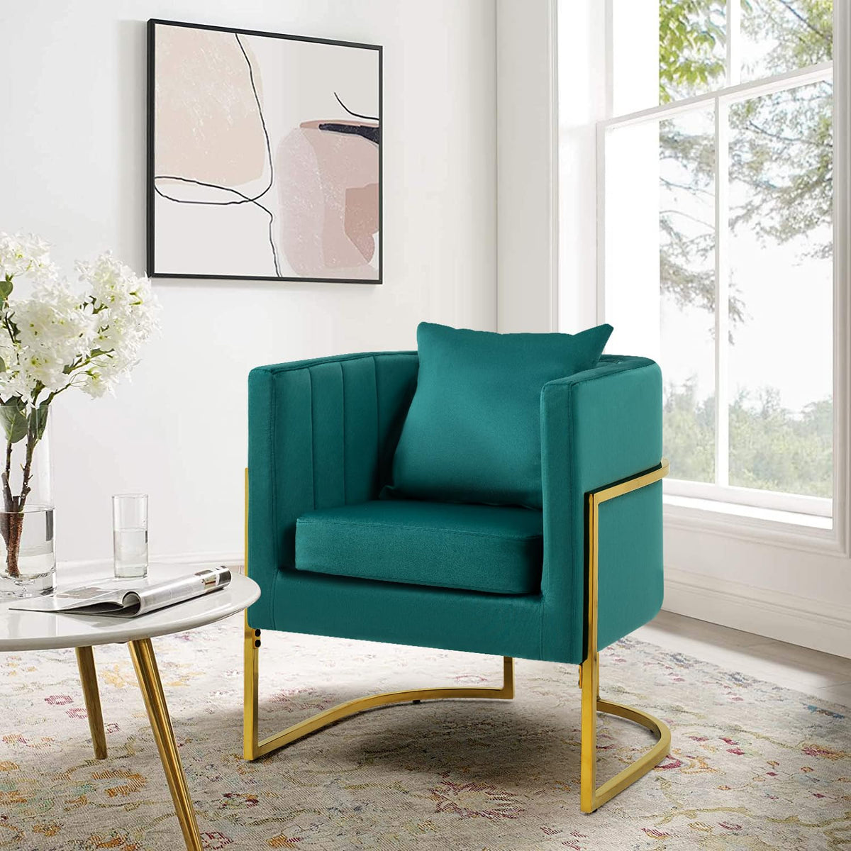 Velvet Accent Barrel Chairs Set of 2, Modern Arm Club Chair Set with Pillow for Living Room/Bedroom/Guest Reception, Channel Tufted, Gold Finish Base, Orange