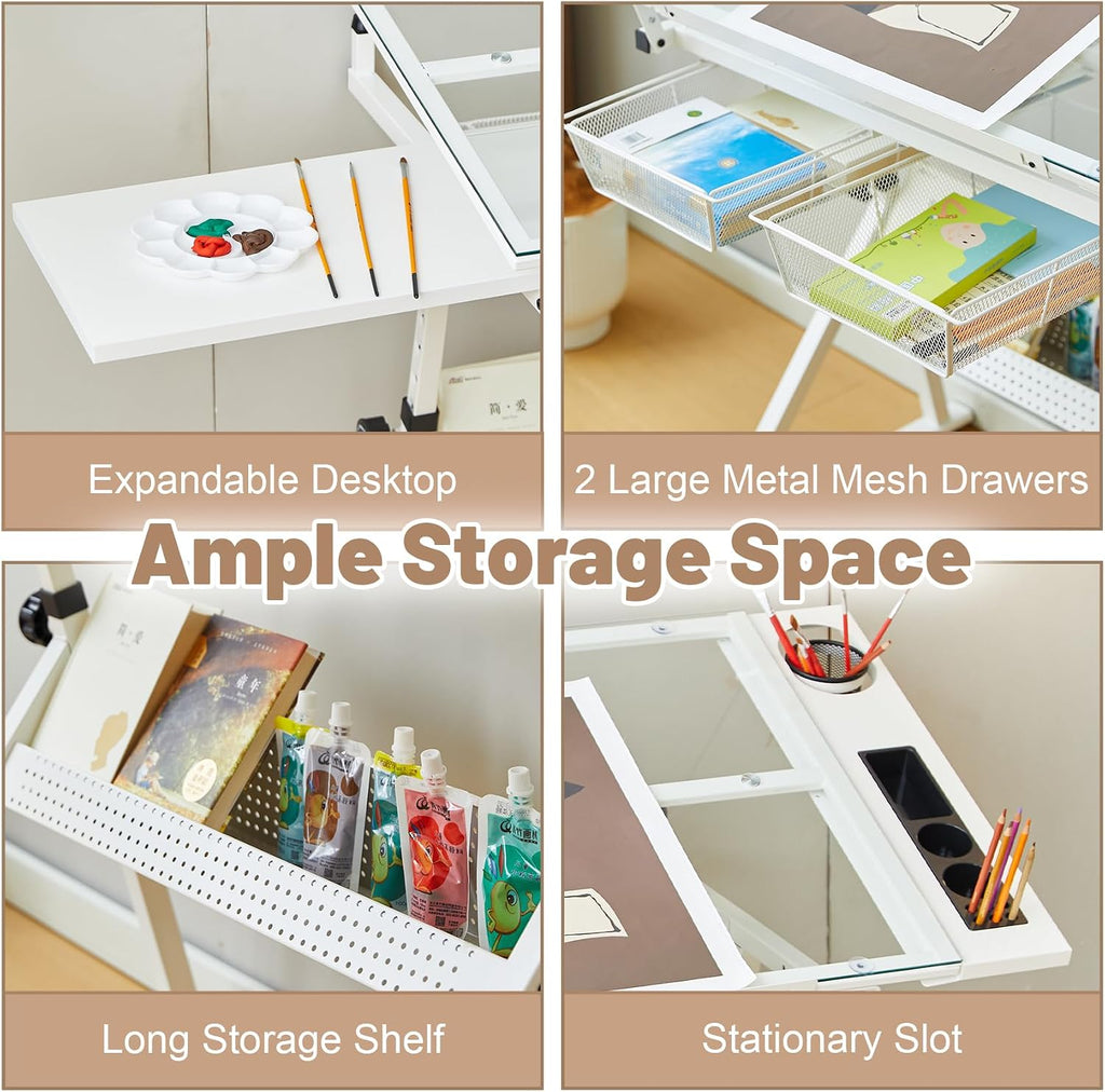 White Drafting Table with Stool Height Adjustable Art Craft Desk with Storage, Tilting Tempered Glass Tabletop, Expansion Board, Drawing Table for Home Office, Artists, Painters