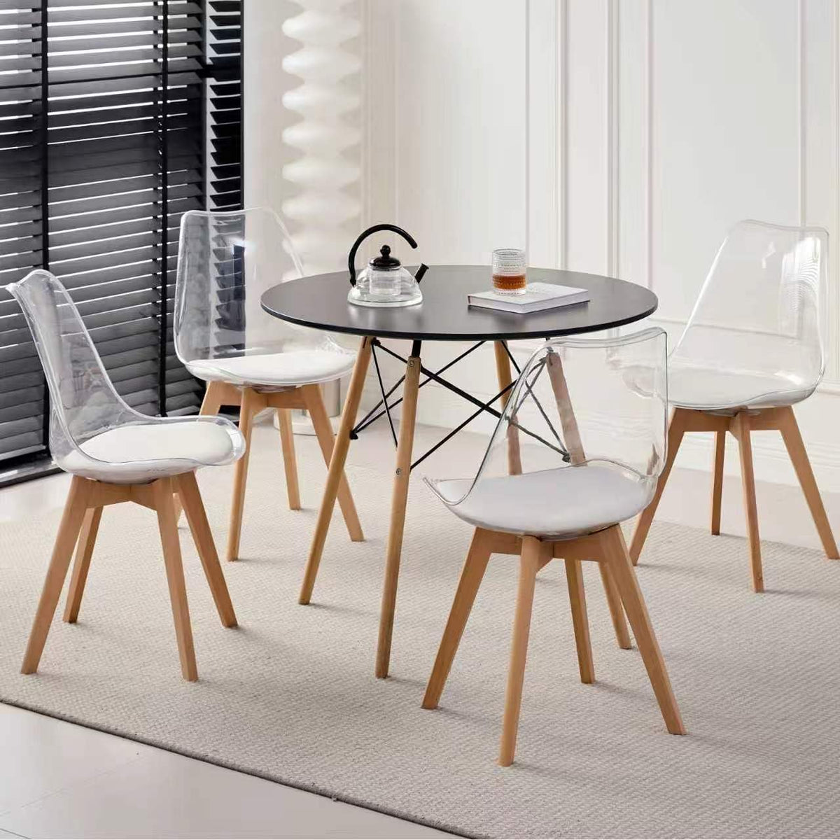 5-Piece Round Dining Set, 35.5" Black Table & Light Gray Chair