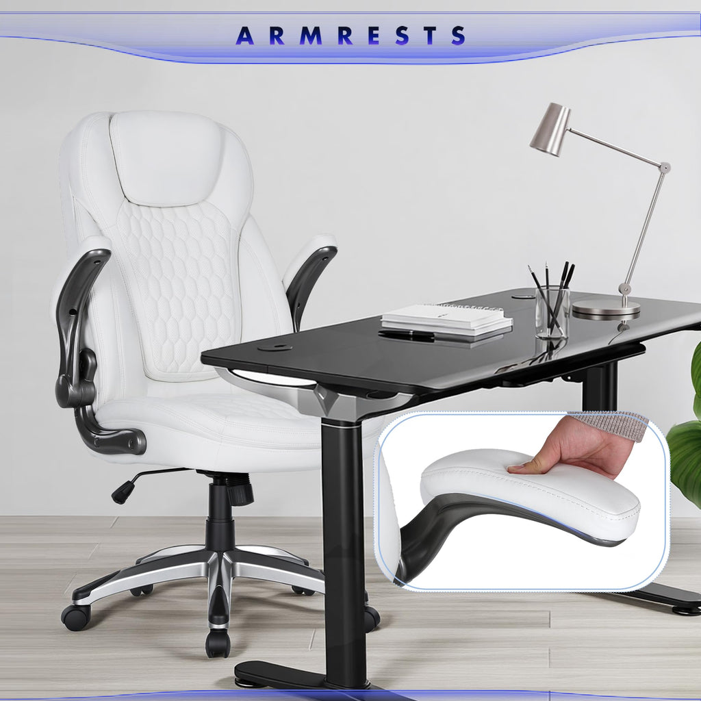 COLAMY High Back Executive Office Chairs, Ergonomic PU Leather Desk Chairs with Flip-Up Armrests, Adjustable Height, Lumbar Support, Comfortable Computer Chairs for Home Office, Set of 2