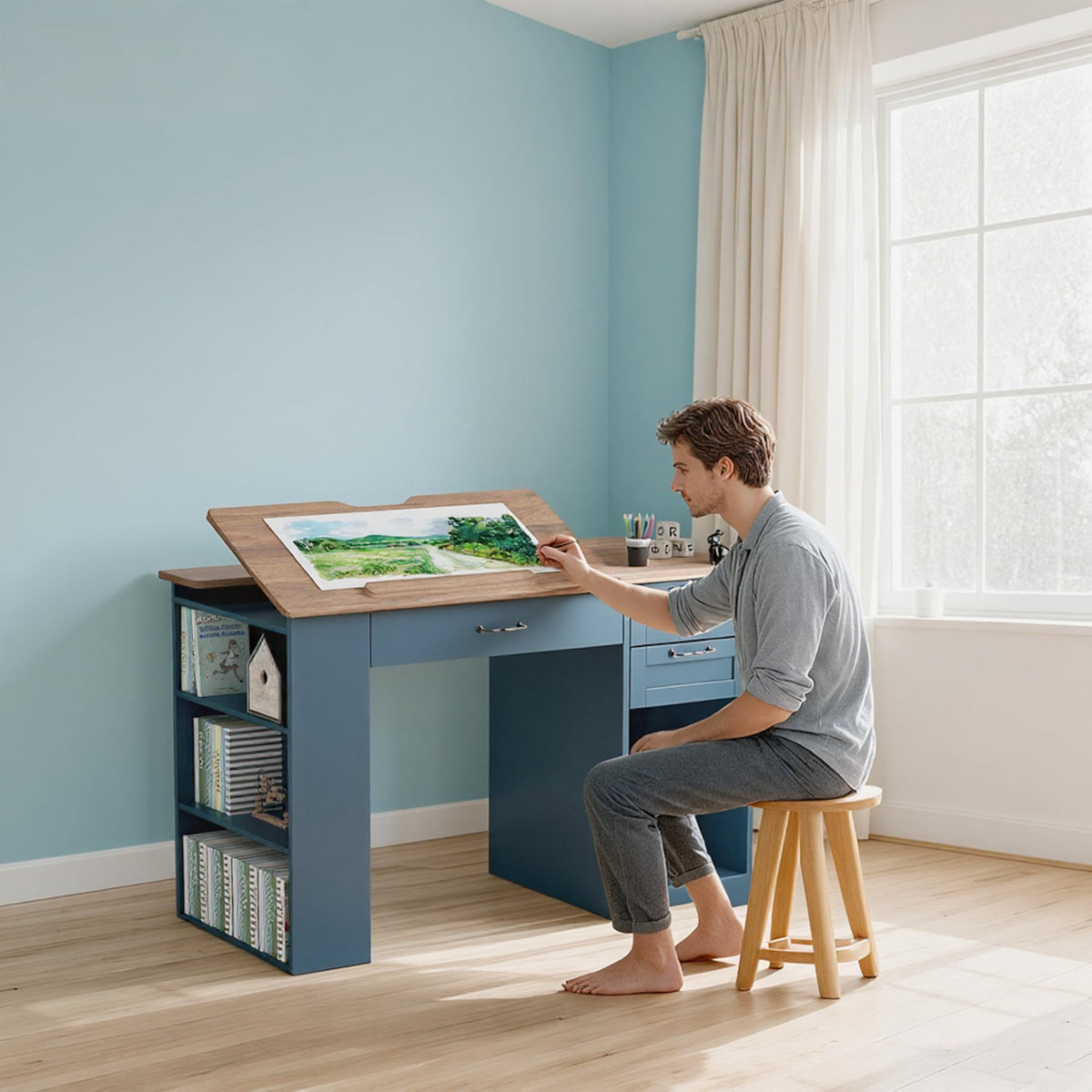 Drafting Table with Storage Cabinet & Drawers, Adjustable Drawing Table with Open Shelves, Craft Art Desk for Artists, Painters, Drawing, Crafting, Reading, Writing, Working